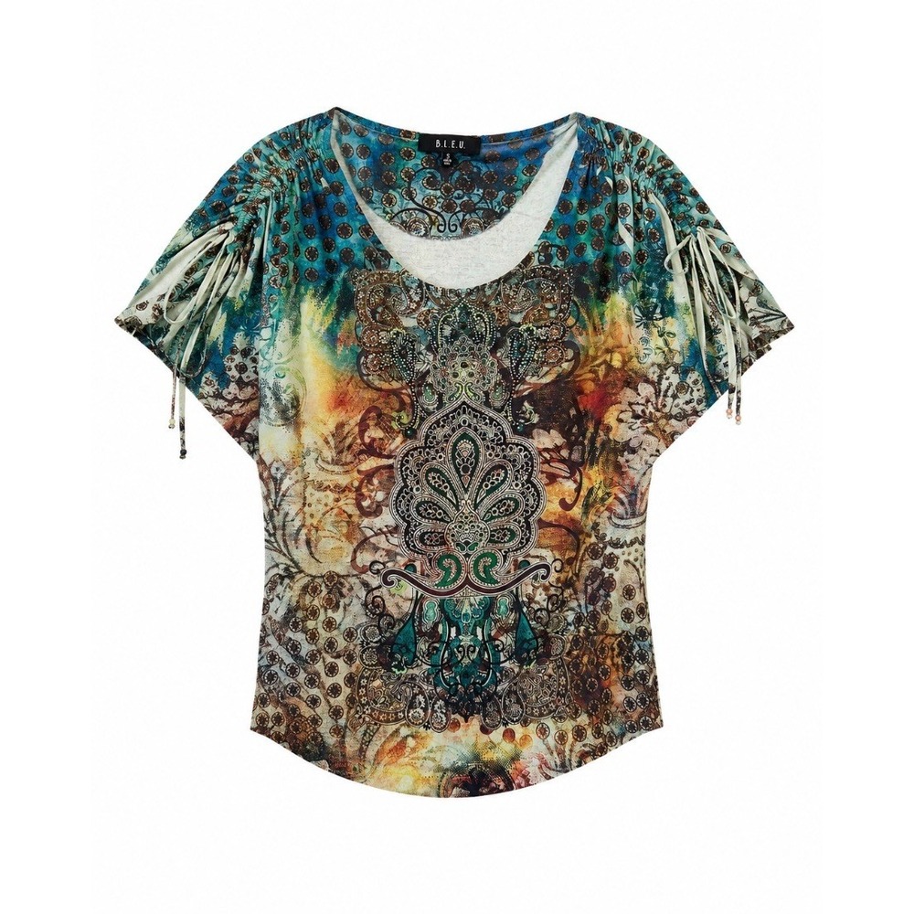 BLEU Womens Boho Paisley Print Embellished Ruched Sleeve Blouse Top Small